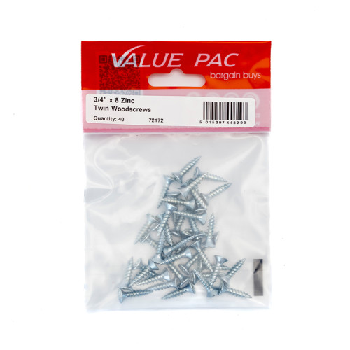 3/4" x 8 ZP Cross Recessed Hardened Twin Thread Woodscrews with Countersunk Head (Pack of 40)