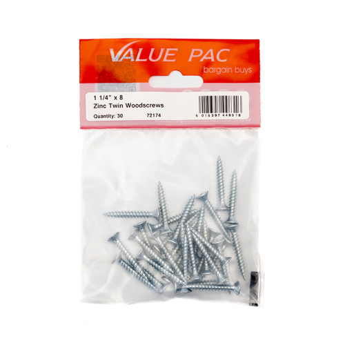 1 1/4" x 8 ZP Cross Recessed Hardened Twin Thread Woodscrews with Countersunk Head (Pack of 30)