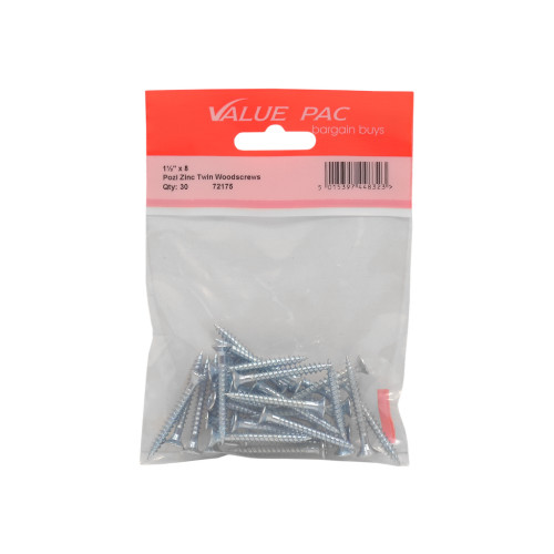 1 1/2" x 8 ZP Cross Recessed Hardened Twin Thread Woodscrews with Countersunk Head