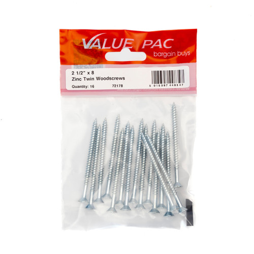 2 1/2" x 8 ZP Cross Recessed Hardened Twin Thread Woodscrews with Countersunk Head (Pack of 16)