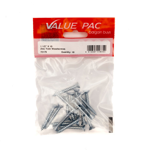 1 1/2" x 10 ZP Cross Recessed Hardened Twin Thread Woodscrews with Countersunk Head (Pack of 18