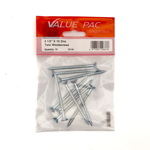 2 1/2" x 10 ZP Cross Recessed Hardened Twin Thread Woodscrews with Countersunk Head (Pack of 10)