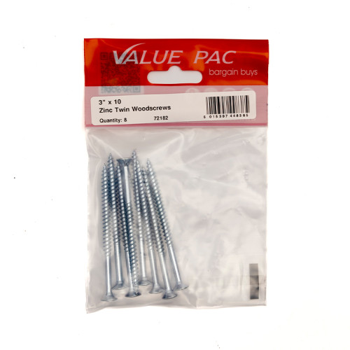 3" x 10 ZP Cross Recessed Hardened Twin Thread Woodscrews with Countersunk Head (Pack of 8)