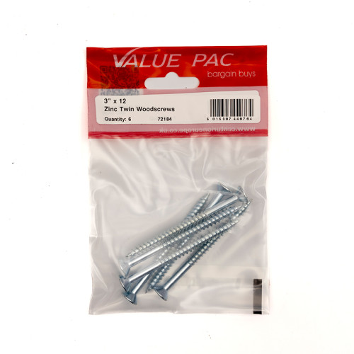 3" x 12 ZP Cross Recessed Hardened Twin Thread Woodscrews with Countersunk Head 6pk