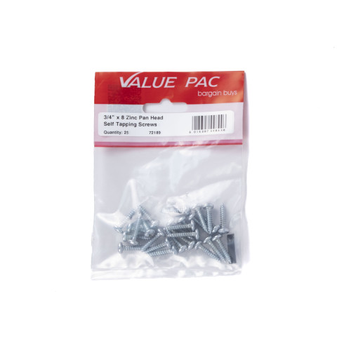 3/4" x 8 ZP Pan Head Self Tapping Screws 25pk