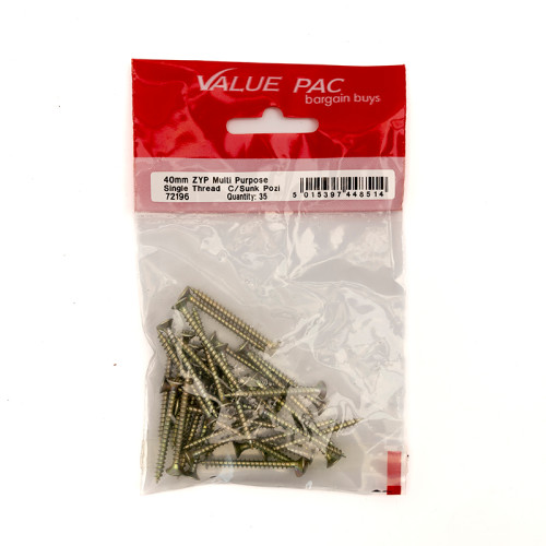 3.5mm x 40mm ZYP Multi Purpose Single Thread Countersunk Pozi Screws (Pack of 35)