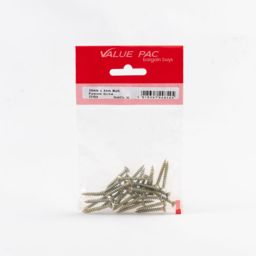 4mm x 30mm ZYP Multi Purpose Single Thread Countersunk Pozi Screws (Pack of 30)