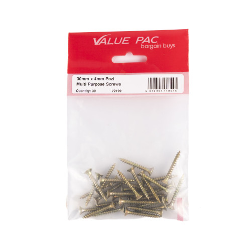 4mm x 30mm ZYP Multi Purpose Single Thread Countersunk Pozi Screws (Pack of 30)