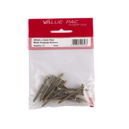 5mm x 50mm ZYP Multi Purpose Single Thread Countersunk Pozi Screws (Pack of 12)