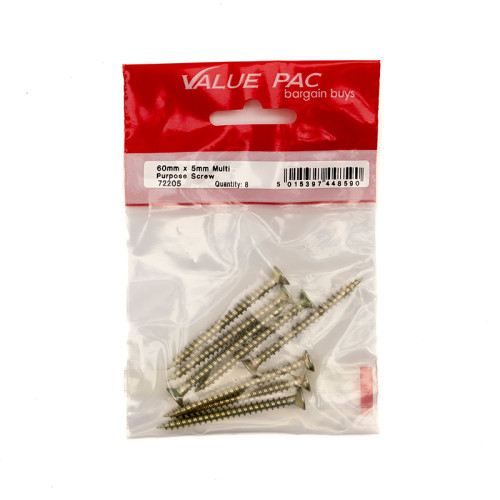 5mm x 60mm ZYP Multi Purpose Single Thread Countersunk Pozi Screws (Pack of 8)