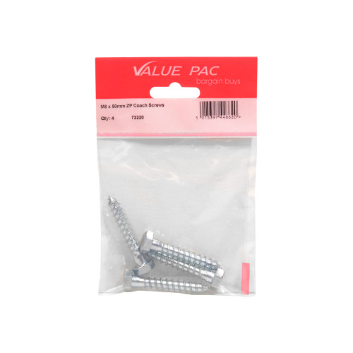 M8 x 50mm ZP Coach Screws (Pack of 4)