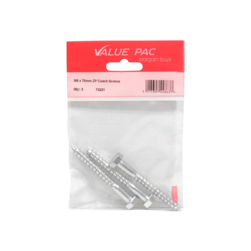 M8 x 70mm ZP Coach Screws (Pack of 2)