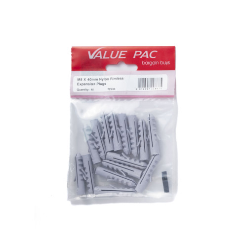 M8 x 40mm Nylon Rimless Expansion Plugs (Pack of 15)