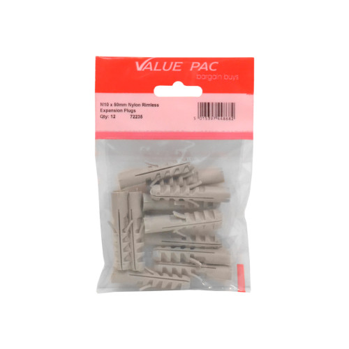 M10 x 50mm Nylon Rimless Expansion Plugs (Pack of 10)