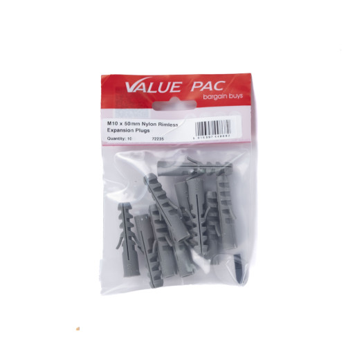 M10 x 50mm Nylon Rimless Expansion Plugs (Pack of 10)