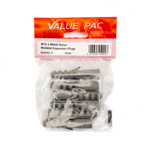 M12 x 60mm Nylon Rimless Expansion Plugs (Pack of 6)