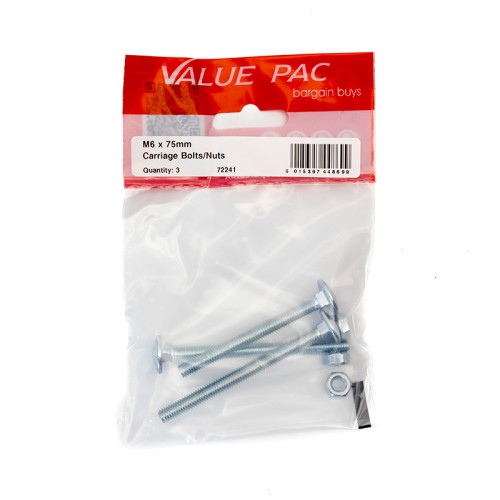 M6 x 75mm ZP Small Carriage Bolts & Nuts (Pack of 3)