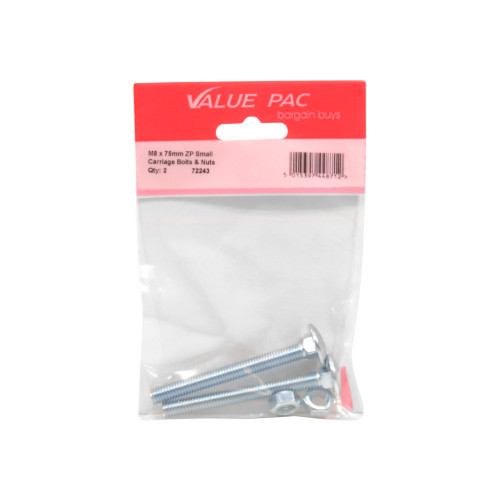 M8 x 75mm ZP Small Carriage Bolts & Nuts (Pack of 2)