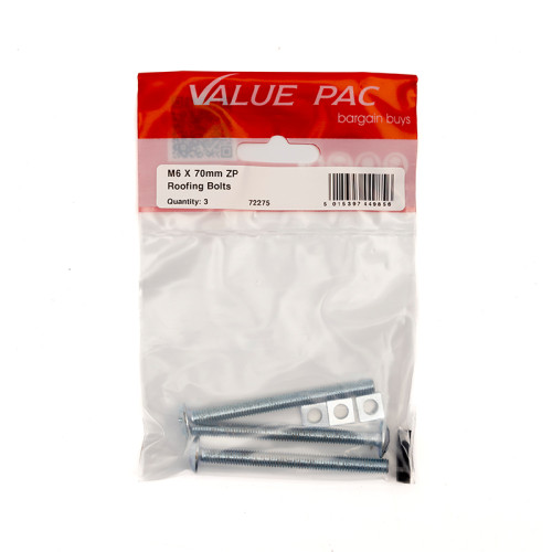 M6 x 70mm ZP Roofing Bolts (Pack of 3)