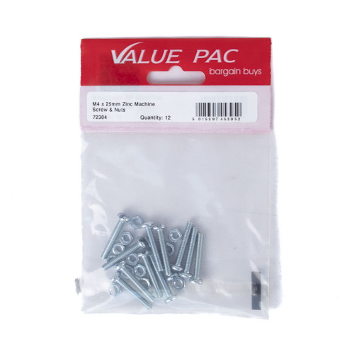 M4 x 25mm ZP Machine Screws & Nuts (Pack of 12)