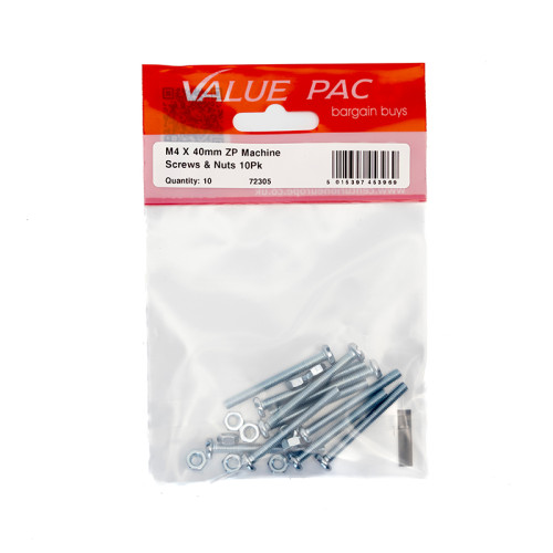 M4 x 40mm ZP Machine Screws & Nuts (Pack of 10)