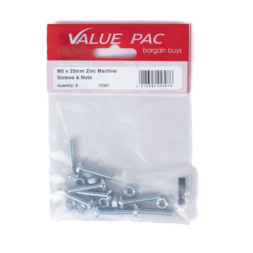 M5 x 25mm ZP Machine Screws & Nuts (Pack of 8)