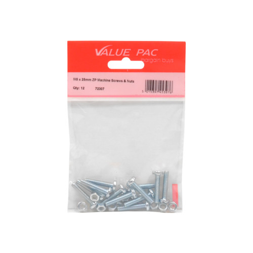 M5 x 25mm ZP Machine Screws & Nuts (Pack of 8)