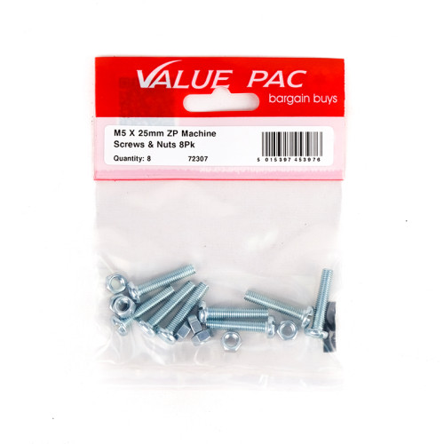 M5 x 25mm ZP Machine Screws & Nuts (Pack of 8)