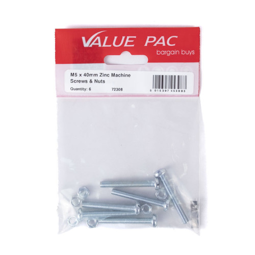 M5 x 40mm ZP Machine Screws & Nuts (Pack of 6)