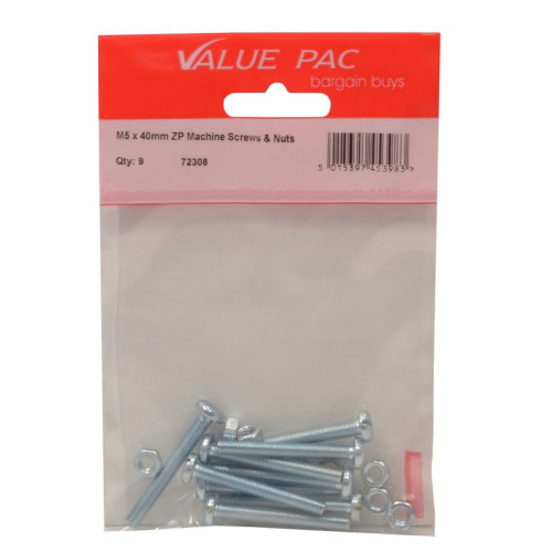 M5 x 40mm ZP Machine Screws & Nuts (Pack of 6)