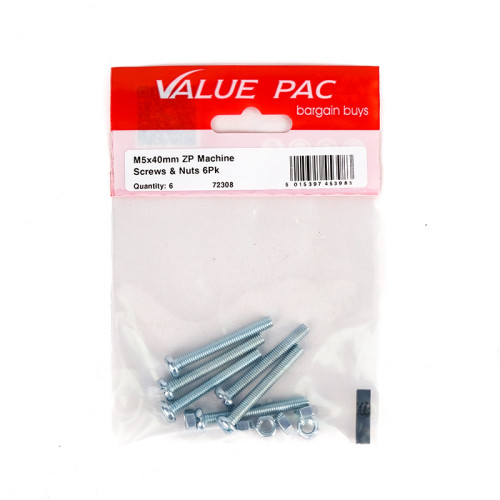 M5 x 40mm ZP Machine Screws & Nuts (Pack of 6)