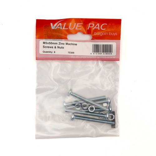 M5 x 50mm ZP Machine Screws & Nuts 6pk