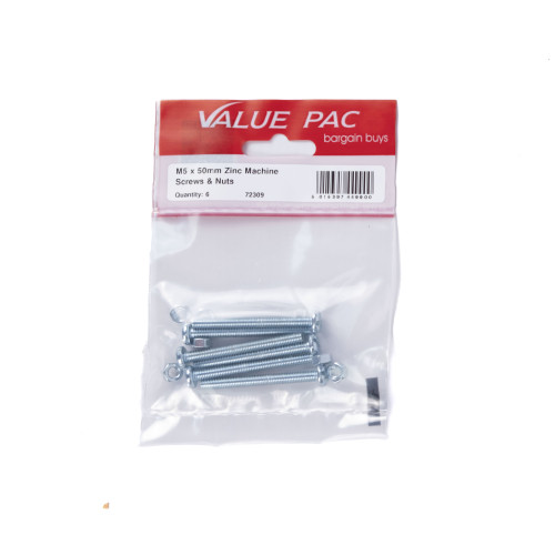 M5 x 50mm ZP Machine Screws & Nuts 6pk