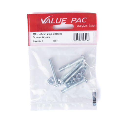 M6 x 40mm ZP Machine Screws & Nuts (Pack of 5)