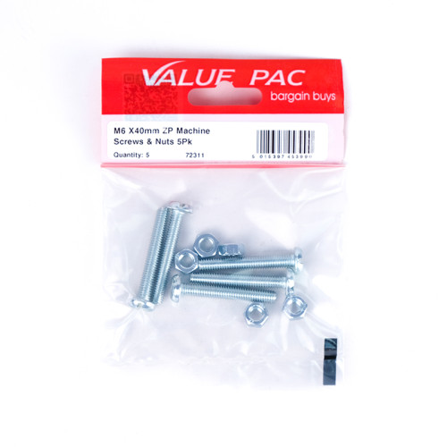M6 x 40mm ZP Machine Screws & Nuts (Pack of 5)