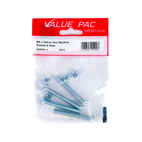 M6 x 50mm ZP Machine Screws & Nuts 4pk