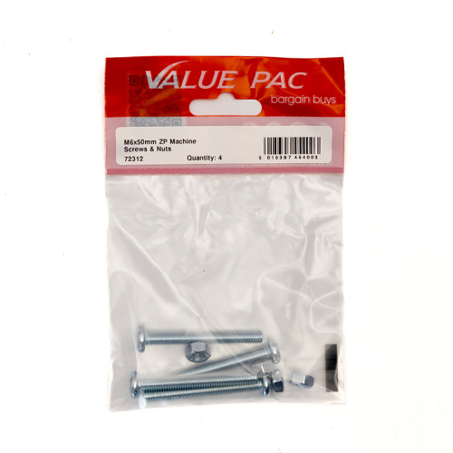 M6 x 50mm ZP Machine Screws & Nuts 4pk