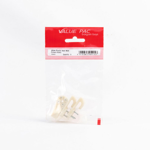 40mm Plastic Hard Wall Picture Hooks (Pack of 3)