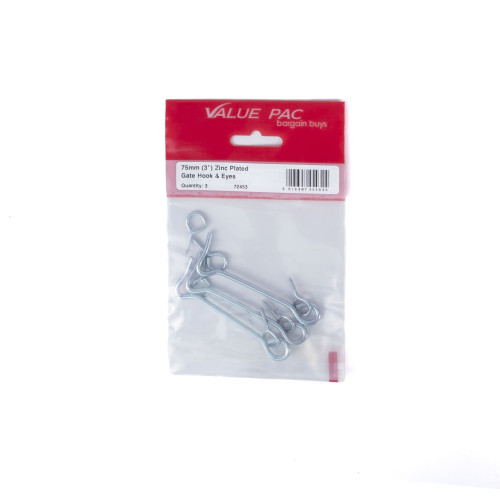 75mm (3") ZP Gate Hook & Eyes (Pack of 3)
