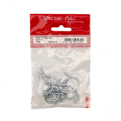 32mm ZP Shouldered Cup Hooks (Pack of 10)