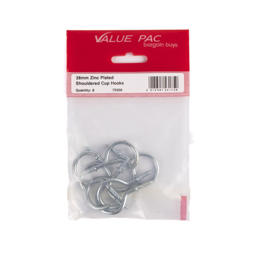 38mm ZP Shouldered Cup Hooks 8pk