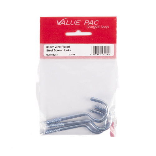 80mm x 12mm ZP Steel Screw Hooks (Pack of 3)