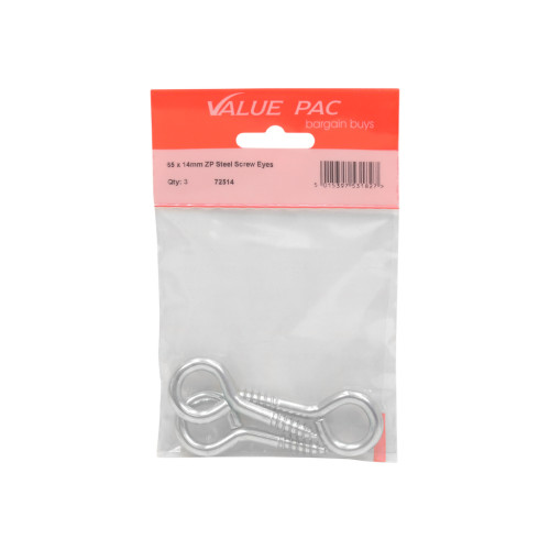 65 x 6mm ZP Steel Screw Eyes 3pk