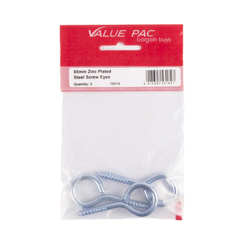 65 x 6mm ZP Steel Screw Eyes 3pk