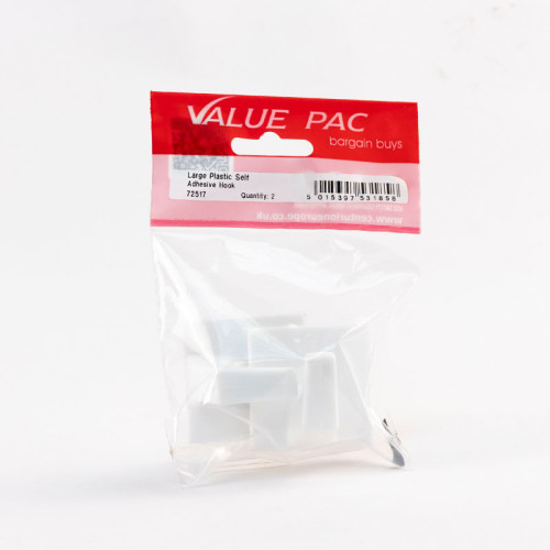Large Plastic Self Adhesive Hook 2pk