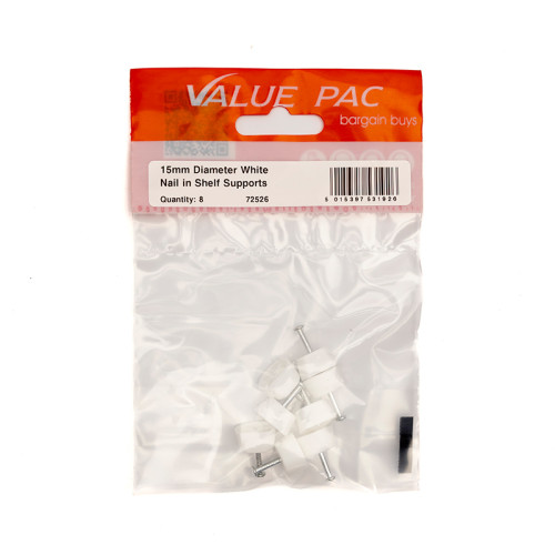15mm Diameter White Nail In Shelf Supports (Pack of 8)