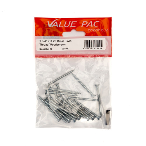 1 3/4" x 6 ZP Cross Recessed Hardened Twin Thread Woodscrews with Countersunk Head (Pack of 20)