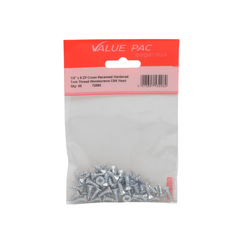 1/2" x 8 ZP Cross Recessed Hardened Twin Thread Woodscrews with Countersunk Head (Pack of 38)