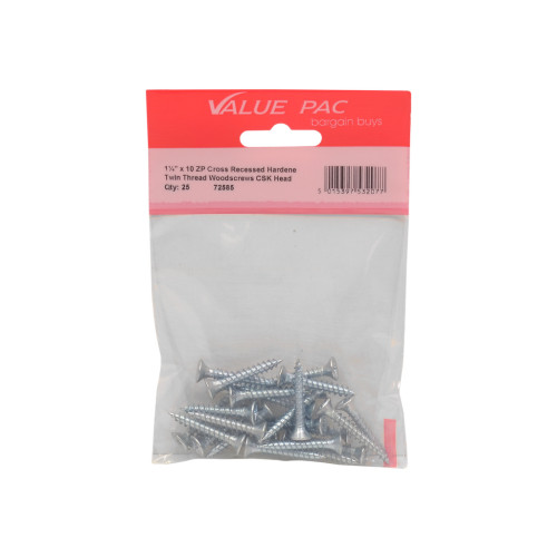 1 1/4" x 10 ZP Cross Recessed Hardened Twin Thread Woodscrews with Countersunk Head (Pack of 18)