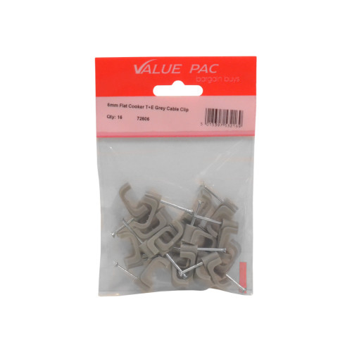 6mm Flat Cooker T+E Grey Cable Clip 16pk